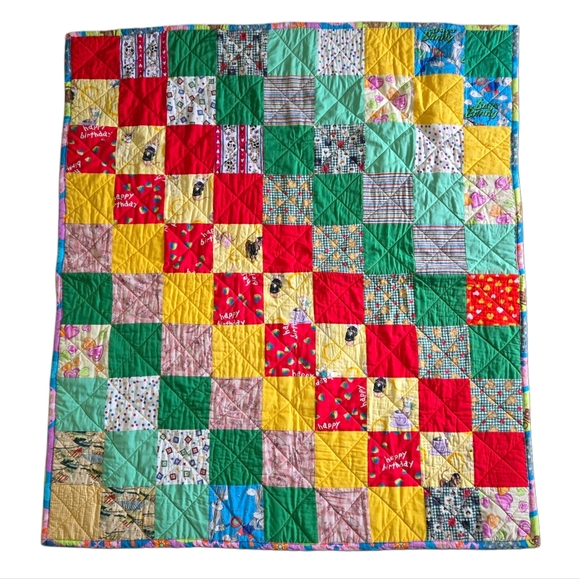 Handmade Patchwork Quilt 53x48” Colorful Vintage Fabric Mix Cozy Lap Throw - Picture 2 of 6